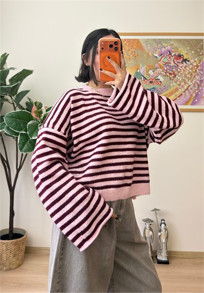 Çizgili Geniş Kol Oversize Kısa Kazak Pembe-Bordo