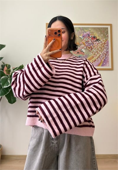 Çizgili Geniş Kol Oversize Kısa Kazak Pembe-Bordo