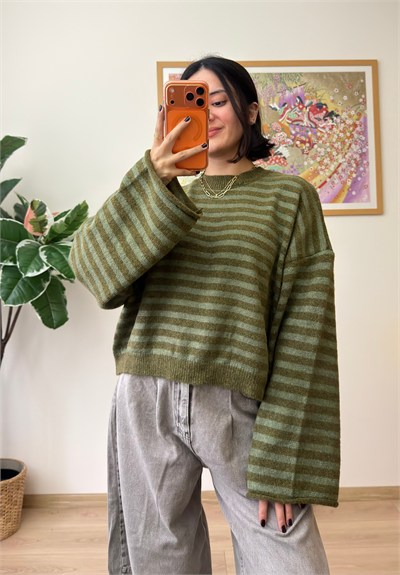 Çizgili Geniş Kol Oversize Kısa Kazak Haki-Yeşil