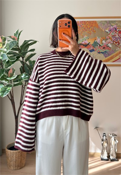 Çizgili Geniş Kol Oversize Kısa Kazak Bordo