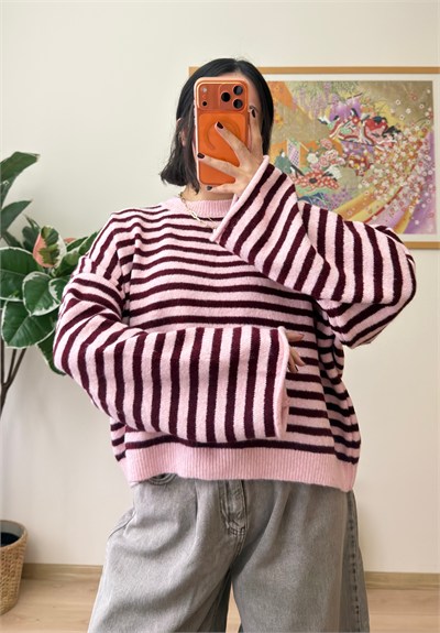 Çizgili Geniş Kol Oversize Kısa Kazak Pembe-Bordo