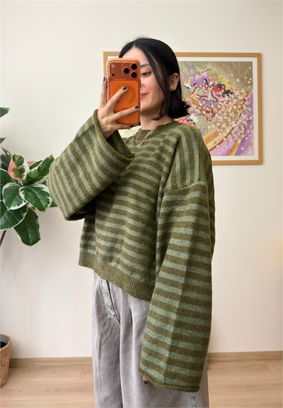 Çizgili Geniş Kol Oversize Kısa Kazak Haki-Yeşil