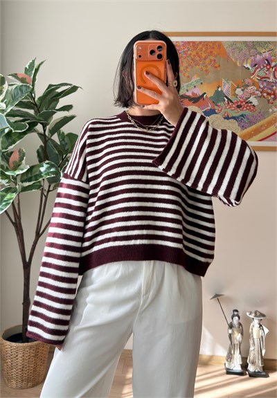 Çizgili Geniş Kol Oversize Kısa Kazak Bordo