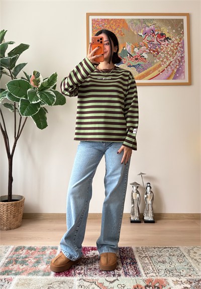 Çizgili Kol Etiketli Bisiklet Yaka Sweatshirt Yeşil