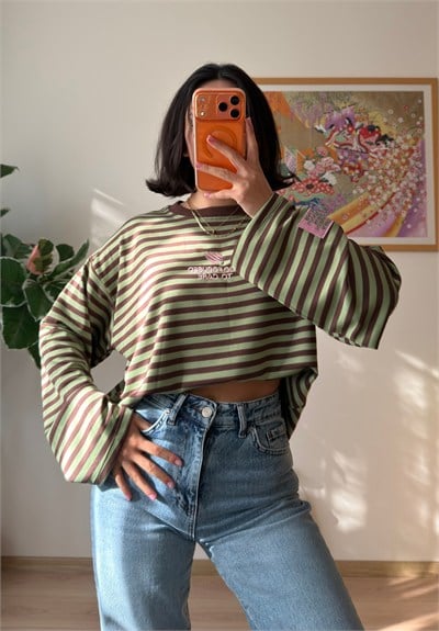 Çizgili Kol Etiketli Oversize Sweatshirt Yeşil
