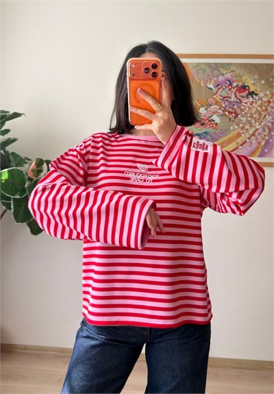 Çizgili Kol Etiketli Oversize Sweatshirt Pembe-Kırmızı