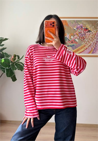 Çizgili Kol Etiketli Oversize Sweatshirt Pembe-Kırmızı