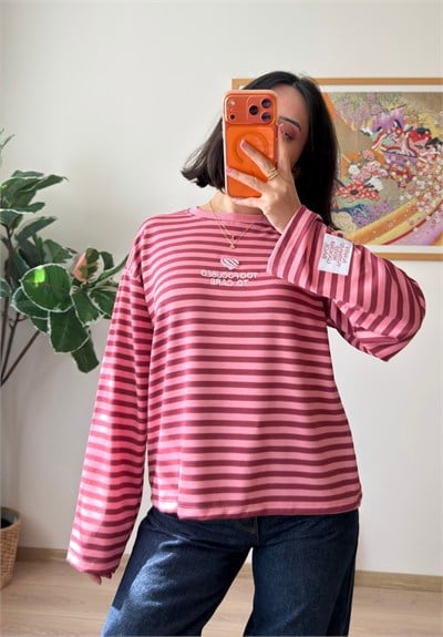 Çizgili Kol Etiketli Oversize Sweatshirt Pudra-Bordo