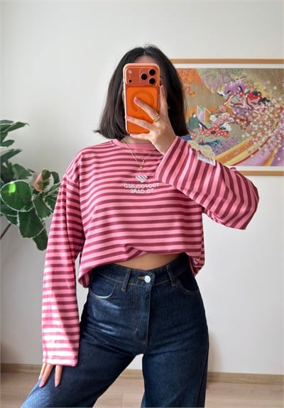 Çizgili Kol Etiketli Oversize Sweatshirt Pudra-Bordo