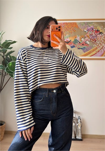 Çizgili Kol Etiketli Oversize Sweatshirt Lacivert