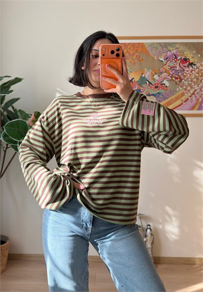 Çizgili Kol Etiketli Oversize Sweatshirt Yeşil