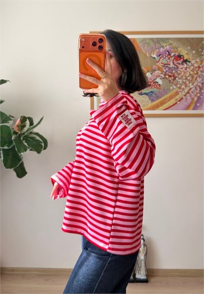 Çizgili Kol Etiketli Oversize Sweatshirt Pembe-Kırmızı