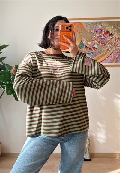Çizgili Kol Etiketli Oversize Sweatshirt Yeşil