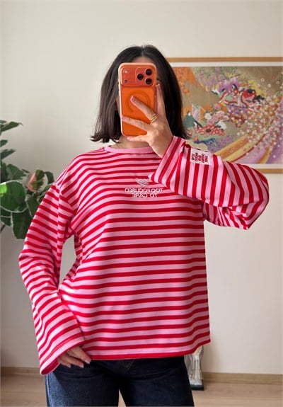 Çizgili Kol Etiketli Oversize Sweatshirt Pembe-Kırmızı