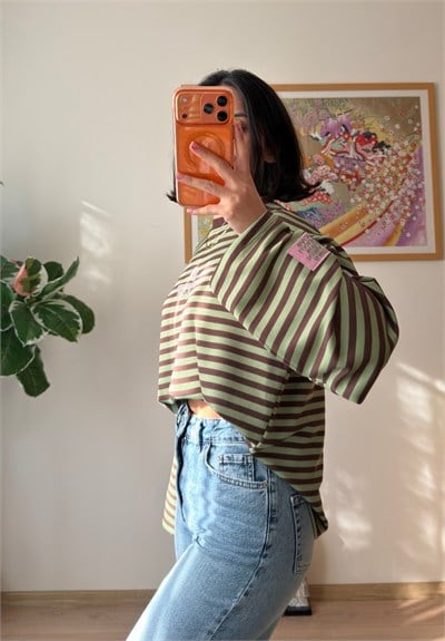 Çizgili Kol Etiketli Oversize Sweatshirt Yeşil