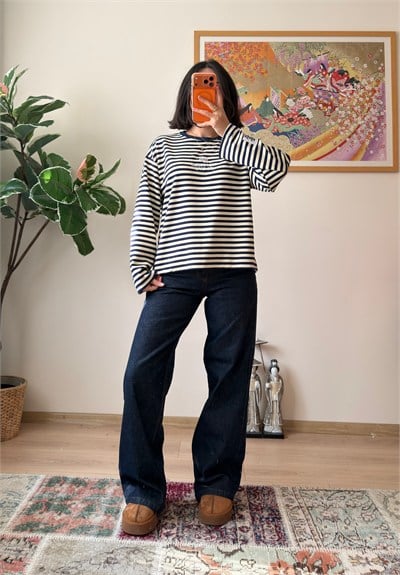 Çizgili Kol Etiketli Oversize Sweatshirt Lacivert