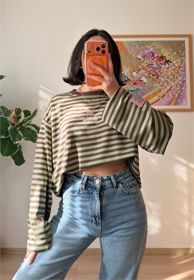 Çizgili Kol Etiketli Oversize Sweatshirt Yeşil