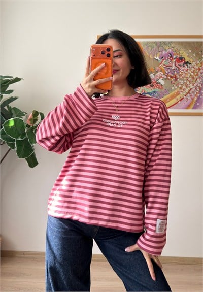 Çizgili Kol Etiketli Oversize Sweatshirt Pudra-Bordo