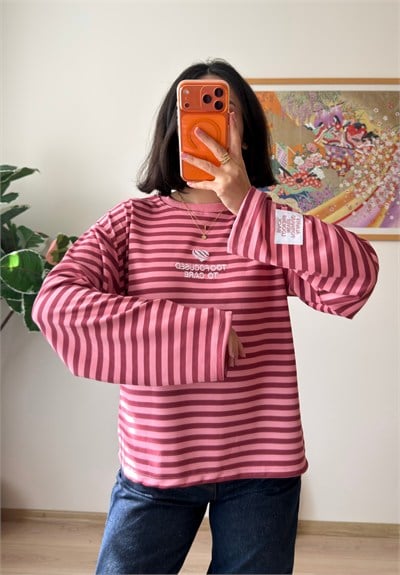 Çizgili Kol Etiketli Oversize Sweatshirt Pudra-Bordo