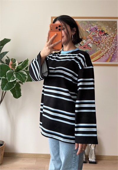 Çizgili Kontrast Bisiklet Yaka Oversize Sweatshirt Lacivert