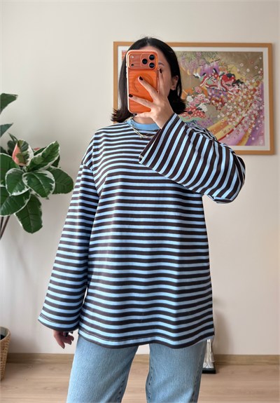 Çizgili Kontrast Bisiklet Yaka Oversize Sweatshirt Mavi