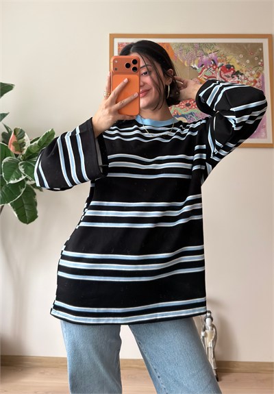 Çizgili Kontrast Bisiklet Yaka Oversize Sweatshirt Lacivert
