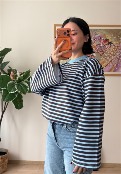 Çizgili Kontrast Bisiklet Yaka Oversize Sweatshirt Mavi