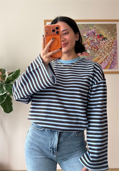 Çizgili Kontrast Bisiklet Yaka Oversize Sweatshirt Mavi