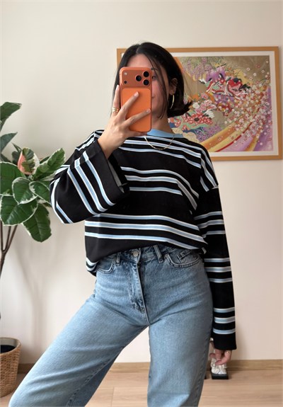 Çizgili Kontrast Bisiklet Yaka Oversize Sweatshirt Lacivert