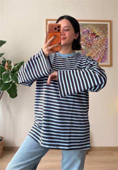 Çizgili Kontrast Bisiklet Yaka Oversize Sweatshirt Mavi