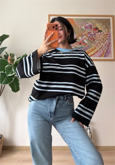 Çizgili Kontrast Bisiklet Yaka Oversize Sweatshirt Lacivert