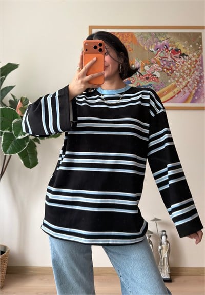 Çizgili Kontrast Bisiklet Yaka Oversize Sweatshirt Lacivert