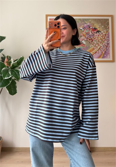 Çizgili Kontrast Bisiklet Yaka Oversize Sweatshirt Mavi