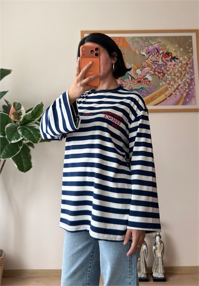 Çizgili Light Baskılı Oversize Sweatshirt