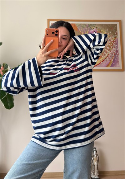 Çizgili Light Baskılı Oversize Sweatshirt