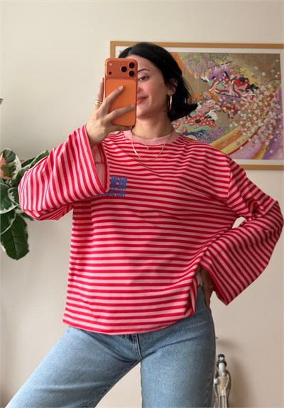 Çizgili NY Baskılı Oversize Sweatshirt