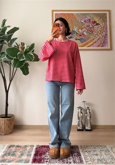 Çizgili NY Baskılı Oversize Sweatshirt