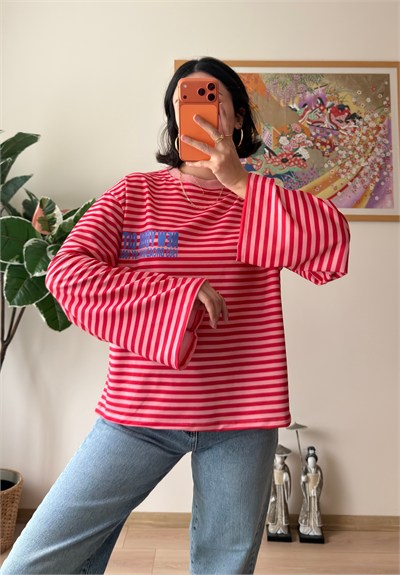 Çizgili NY Baskılı Oversize Sweatshirt
