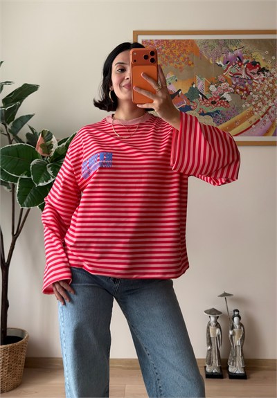 Çizgili NY Baskılı Oversize Sweatshirt