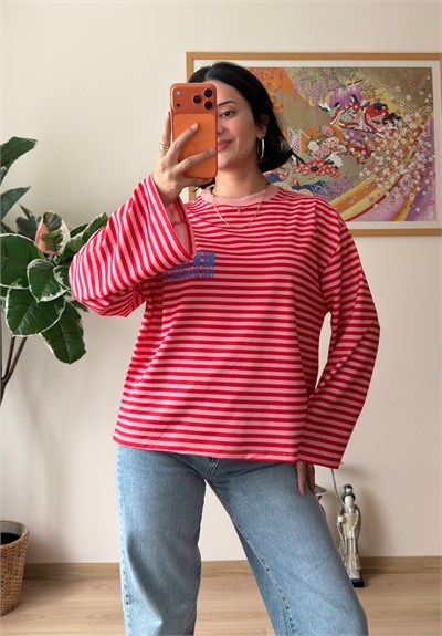 Çizgili NY Baskılı Oversize Sweatshirt