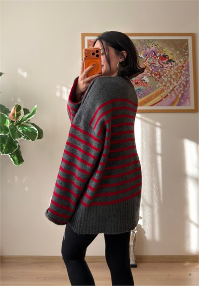 Çizgili Oversize Pinterest Kazak Füme-Kırmızı