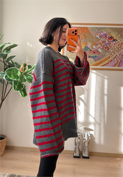 Çizgili Oversize Pinterest Kazak Füme-Kırmızı