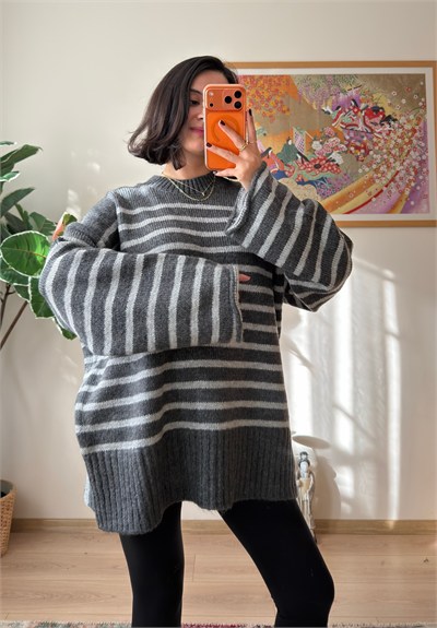 Çizgili Oversize Pinterest Kazak Füme-Gri