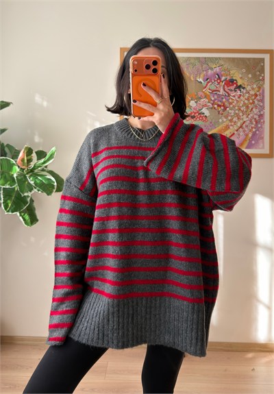 Çizgili Oversize Pinterest Kazak Füme-Kırmızı