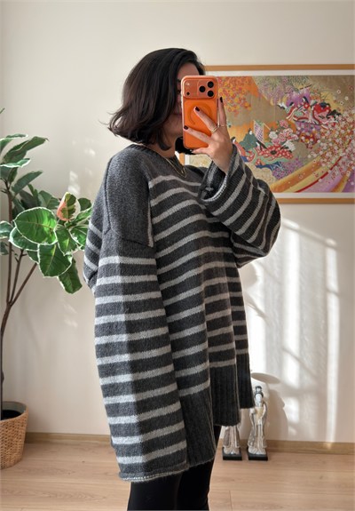 Çizgili Oversize Pinterest Kazak Füme-Gri