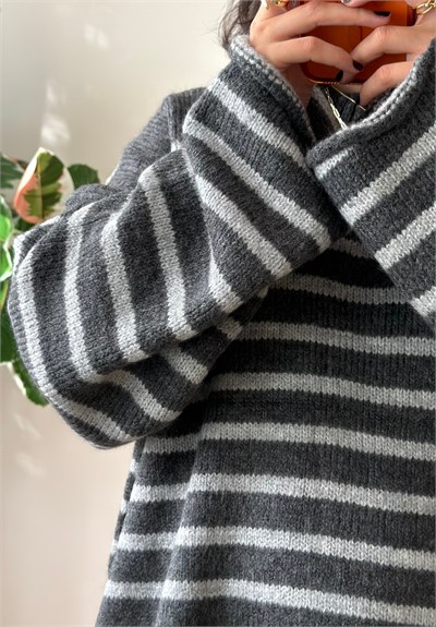 Çizgili Oversize Pinterest Kazak Füme-Gri