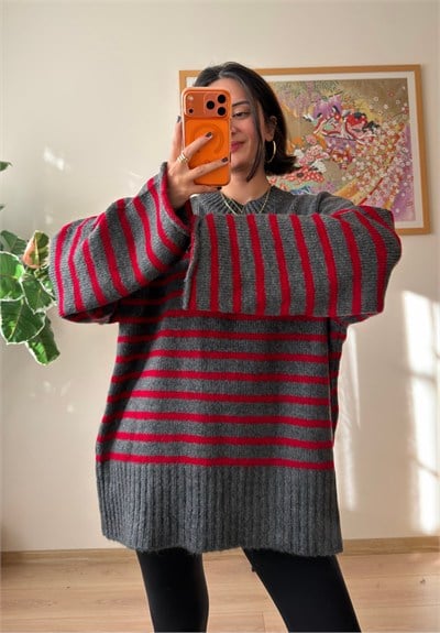 Çizgili Oversize Pinterest Kazak Füme-Kırmızı