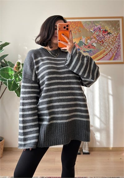 Çizgili Oversize Pinterest Kazak Füme-Gri