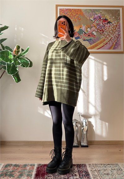 Çizgili Oversize Pinterest Kazak Haki-Yeşil