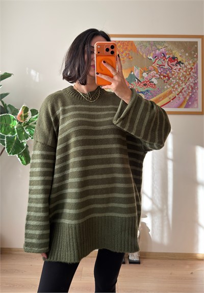 Çizgili Oversize Pinterest Kazak Haki-Yeşil